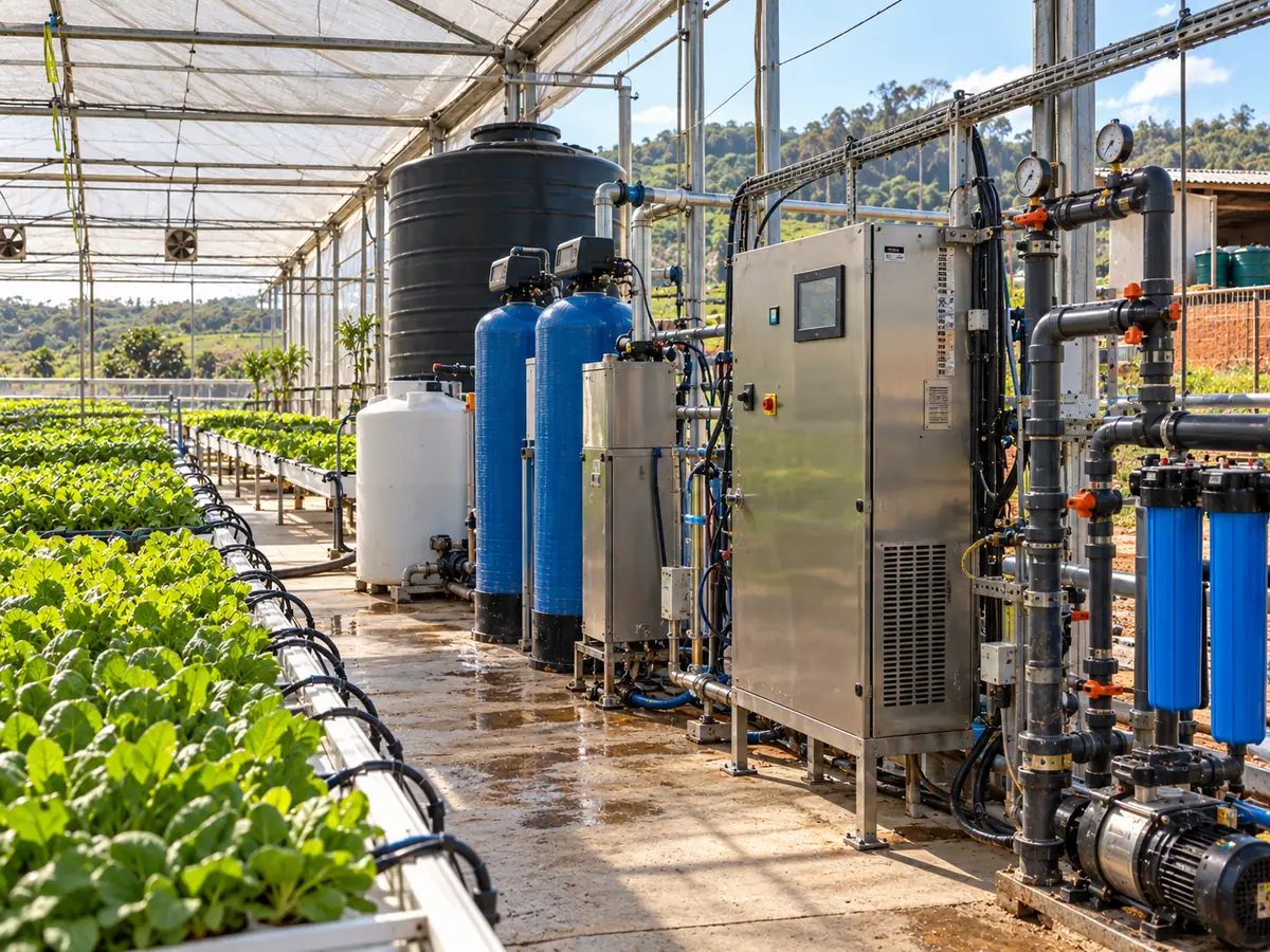 Equipamento de tratamento de água instalado em estufa de cultivo hidropônico