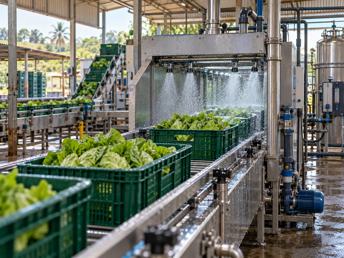 Lavagem de hortaliças em esteira de processamento com aspersão